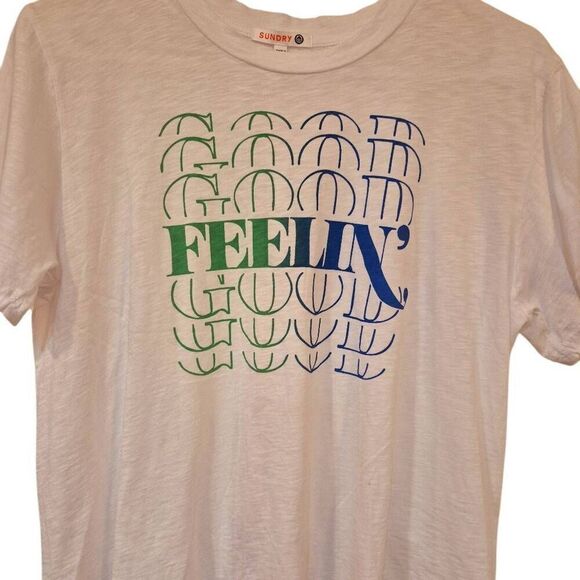 Sundry Women's White Cotton w Navy & Green Feelin' Good Graphic Short Sleeve Cre - Picture 3 of 11